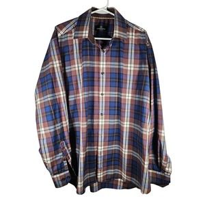Bugatchi Uomo Men's Long Sleeve Button‎ Down Plaid Shirt Browns Blues XL